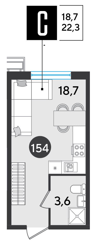 Студия, 22.3 м² · Парк Победы-2