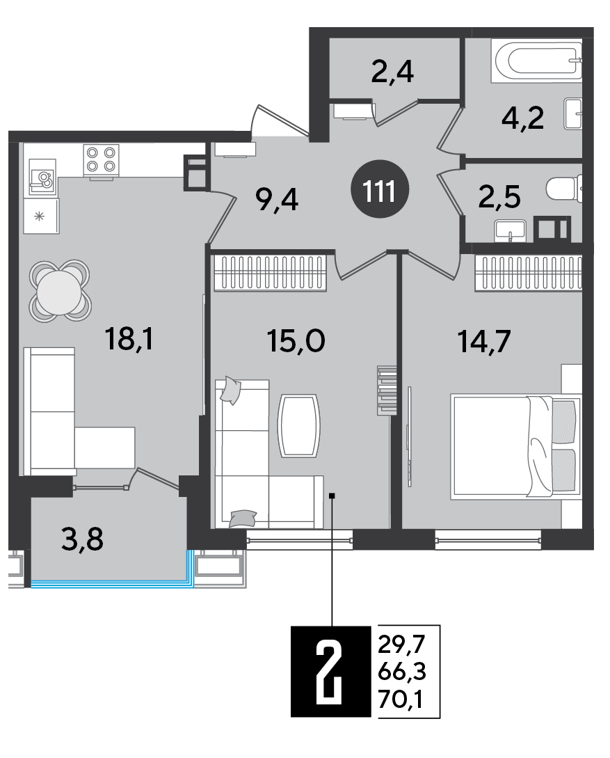 2-к, 70.1 м² · Парк Победы-2