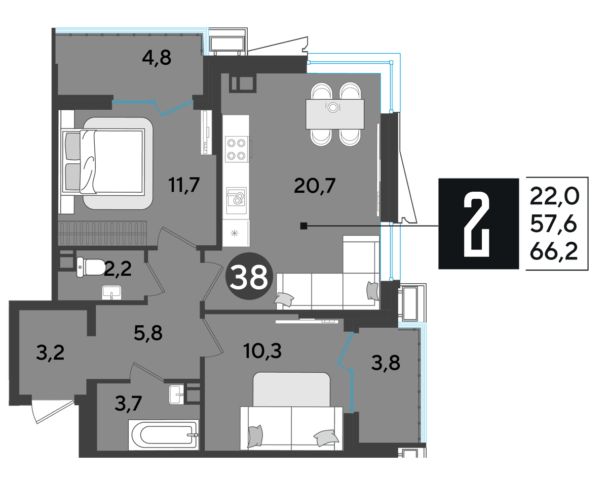 2-к, 66.5 м² · Парк Победы-2