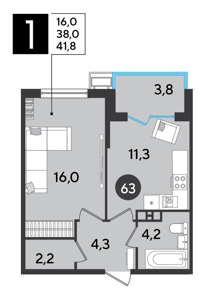 1-к, 41.8 м² · Парк Победы-2