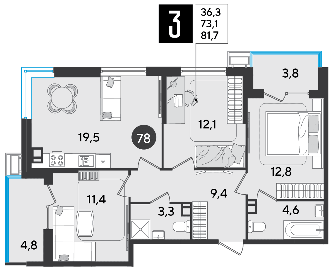 3-к, 81.7 м² · Парк Победы-2