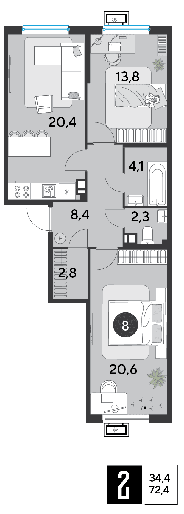 2-к, 72.4 м² · Парк Победы-2