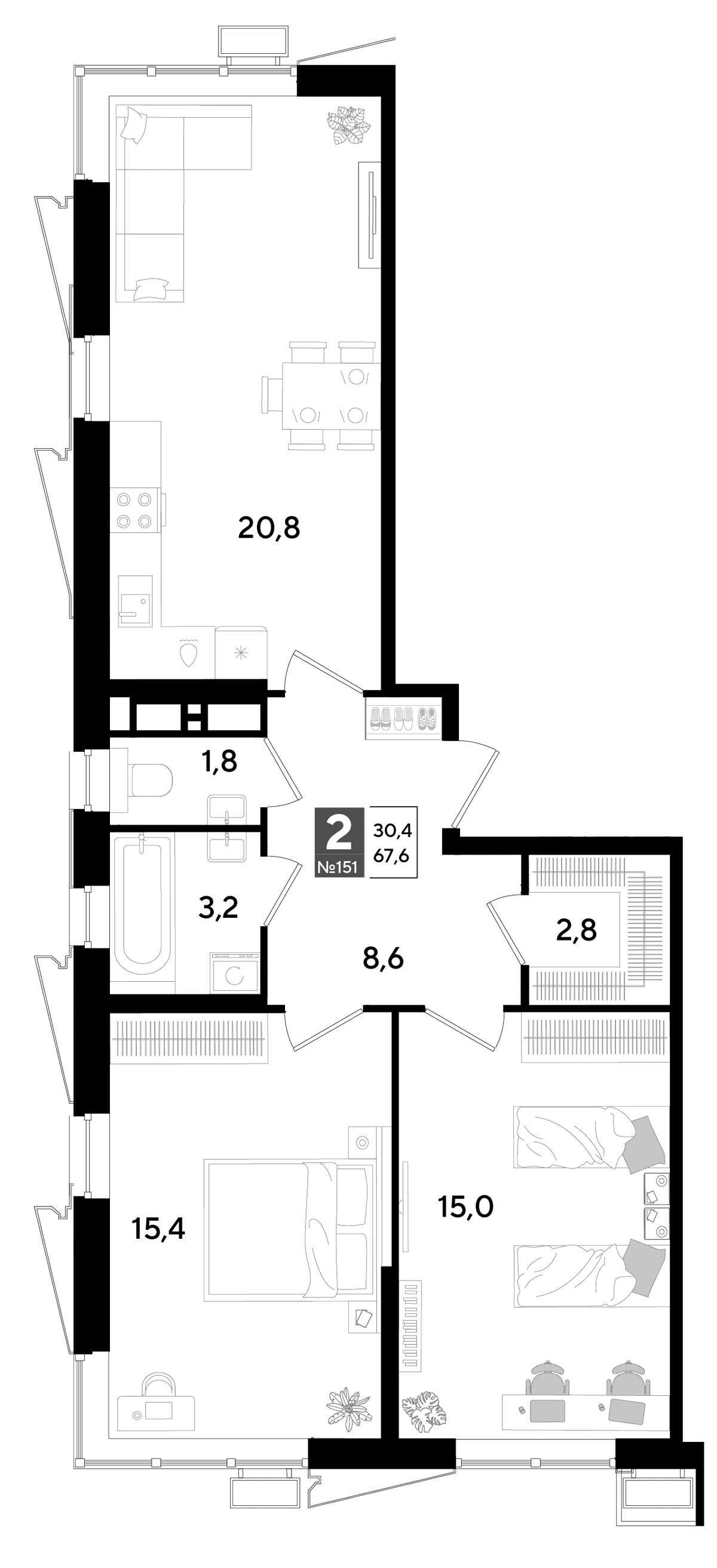 2-к, 67.6 м² · Парк Победы-2
