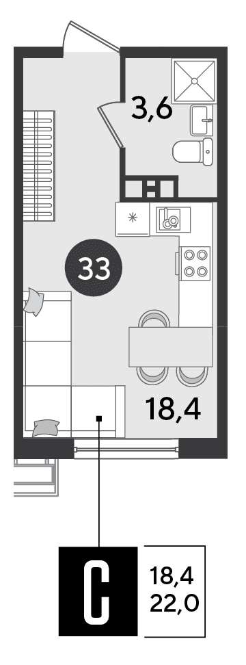 Студия, 22 м² · Парк Победы-2