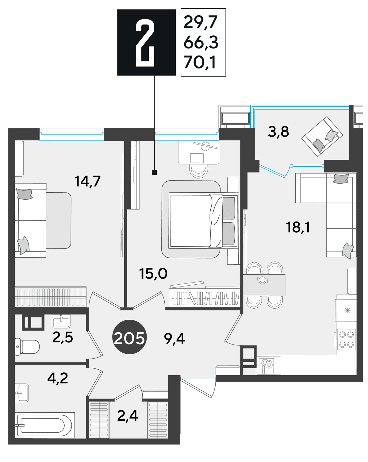 2-к, 70.1 м² · Парк Победы-2
