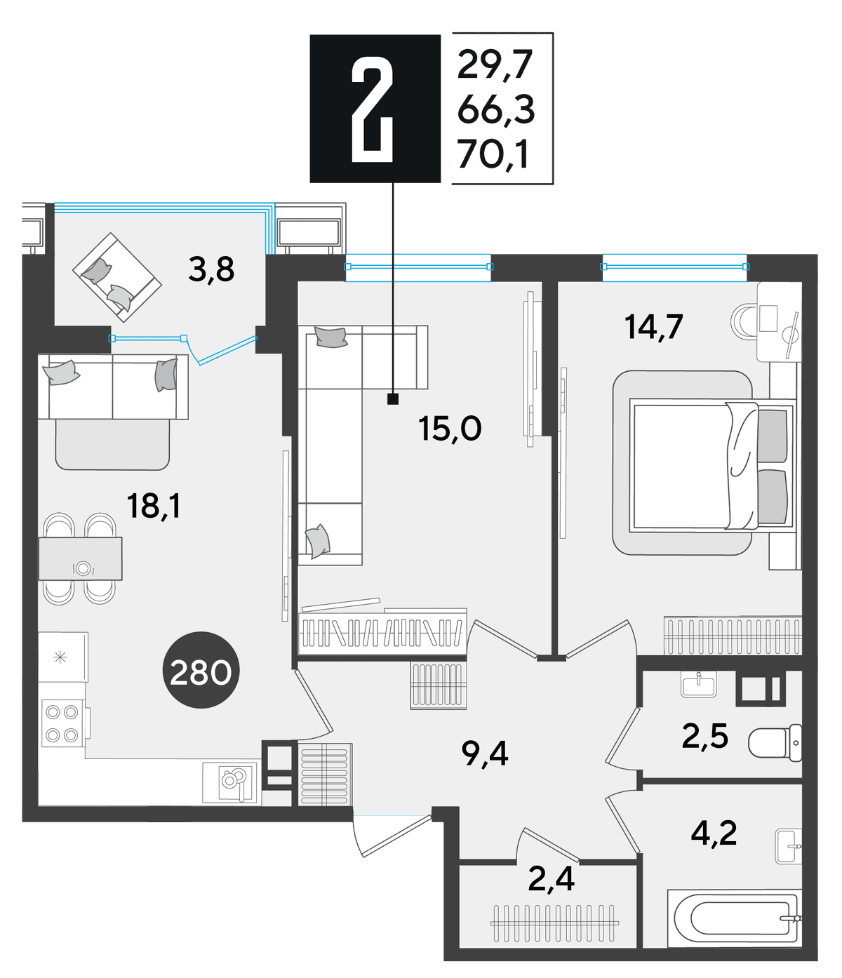 2-к, 70.1 м² · Парк Победы-2