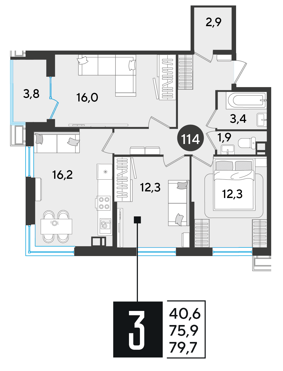 3-к, 79.7 м² · Парк Победы-2