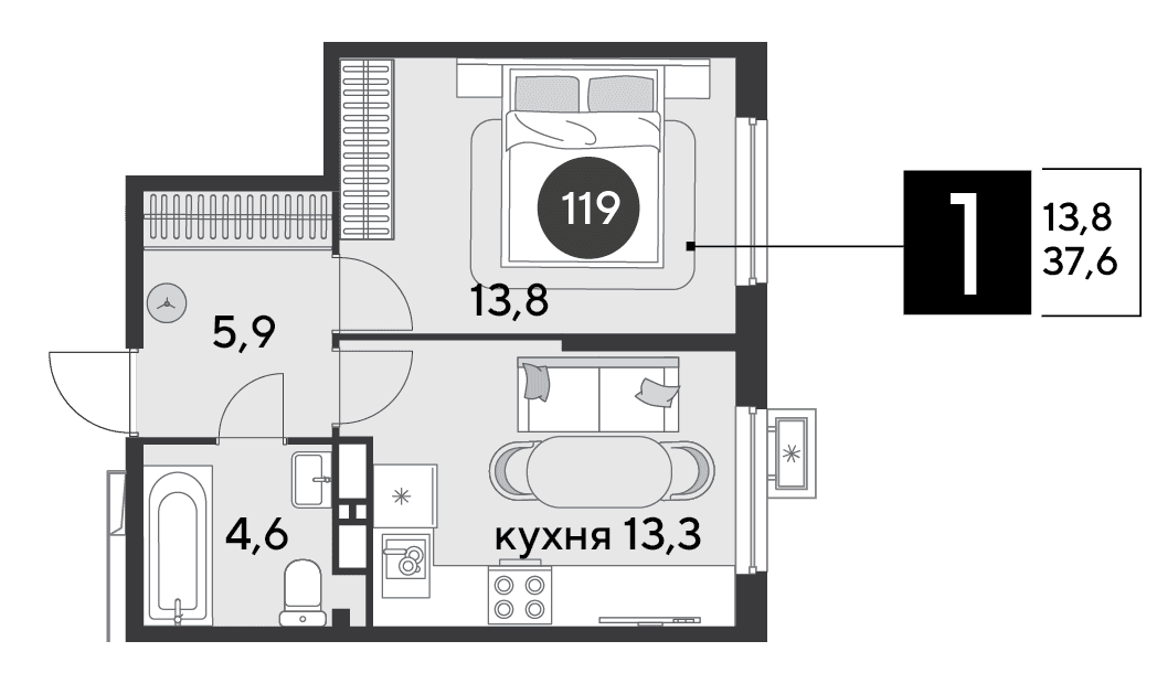 1-к, 37.6 м² · Парк Победы-2