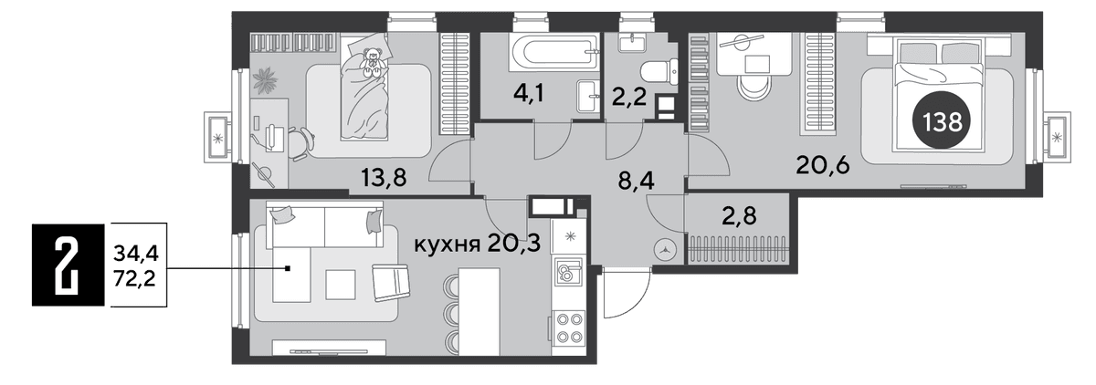2-к, 72.2 м² · Парк Победы-2