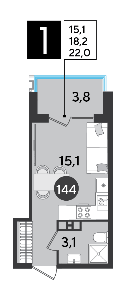 Студия, 22 м² · Парк Победы-2
