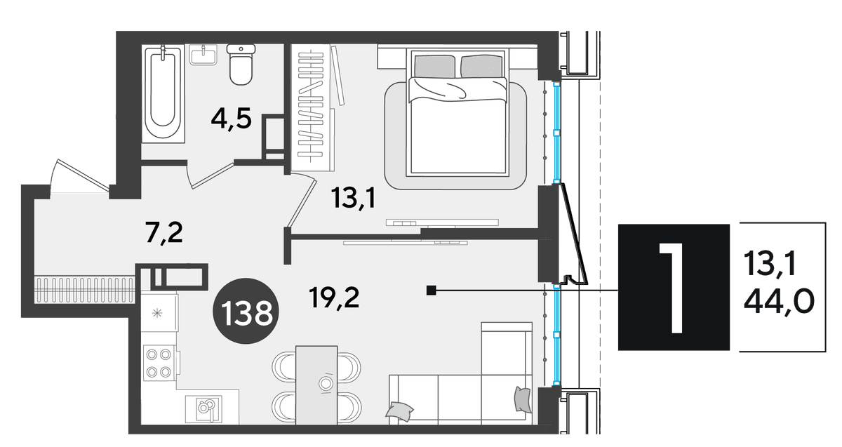 1-к, 44 м² · Парк Победы-2