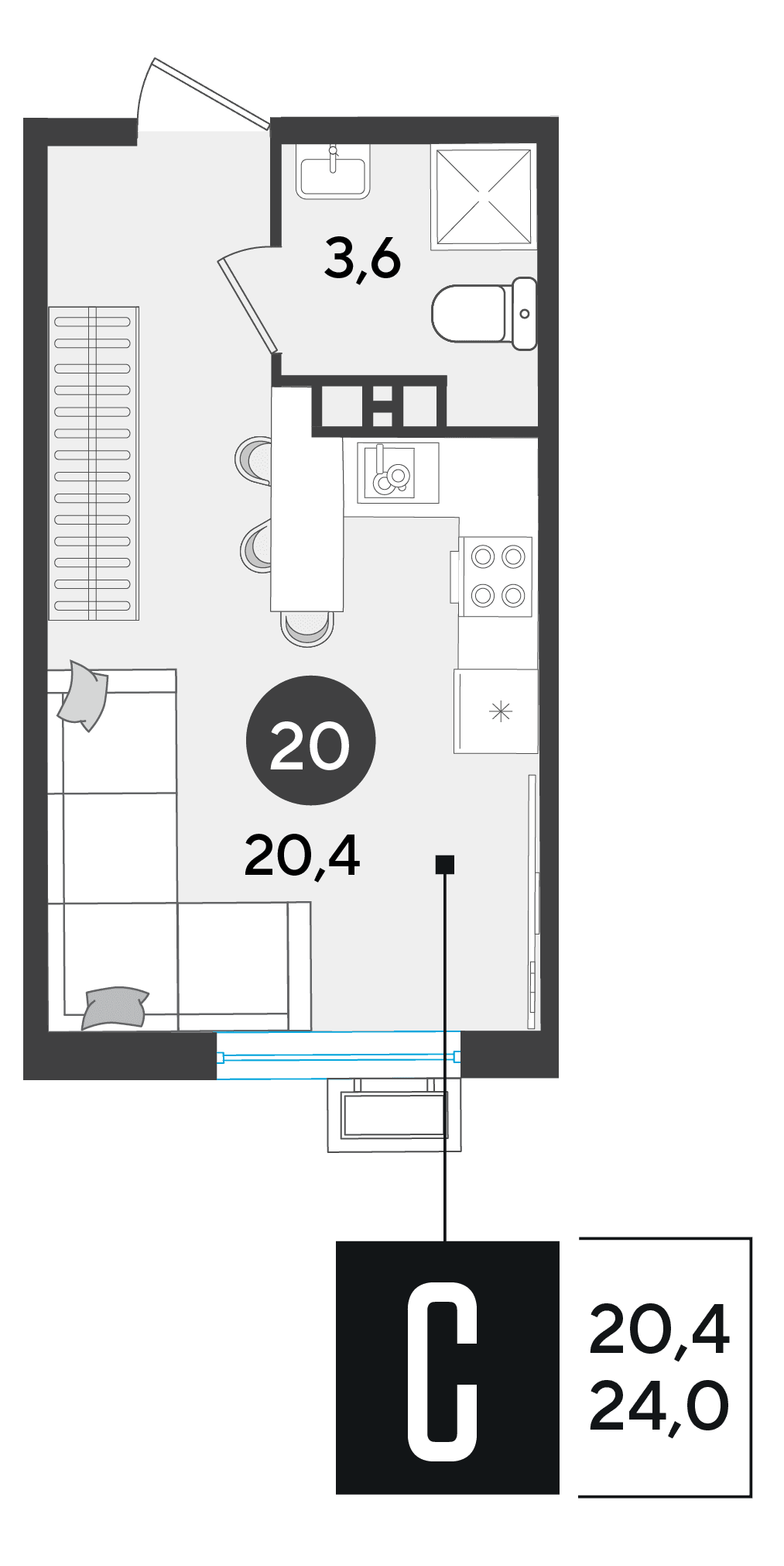 Студия, 24 м² · Парк Победы-2