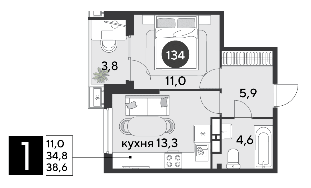 1-к, 38.6 м² · Парк Победы-2