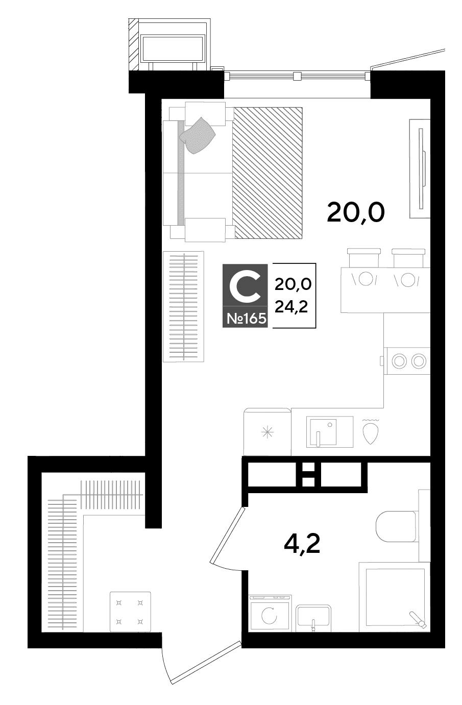 Студия, 24.2 м² · Парк Победы-2