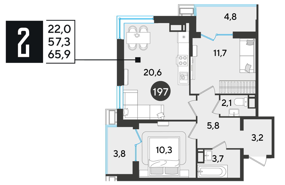 2-к, 65.9 м² · Парк Победы-2