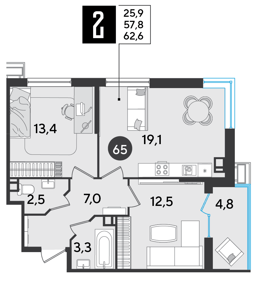 2-к, 62.6 м² · Парк Победы-2