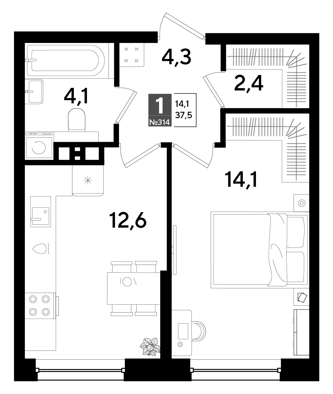 1-к, 37.5 м² · DОГМА ПАРК