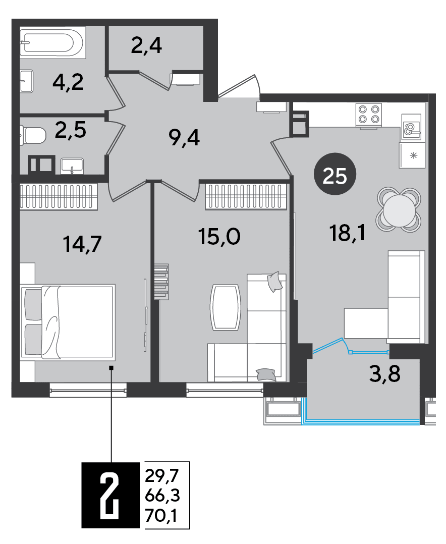 2-к, 70.1 м² · Парк Победы-2