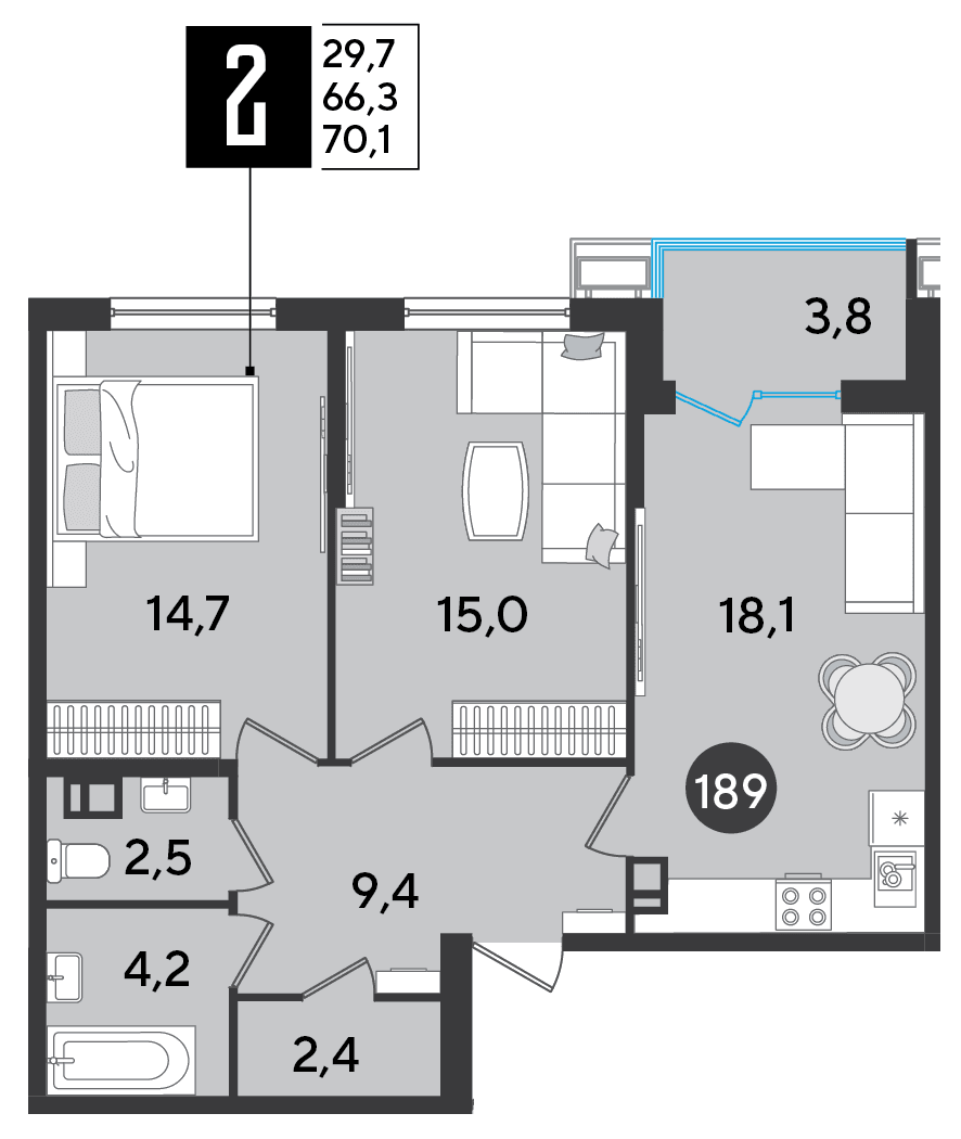 2-к, 70.1 м² · Парк Победы-2
