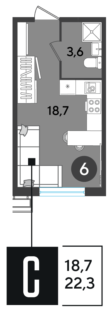 Студия, 22.3 м² · Парк Победы-2