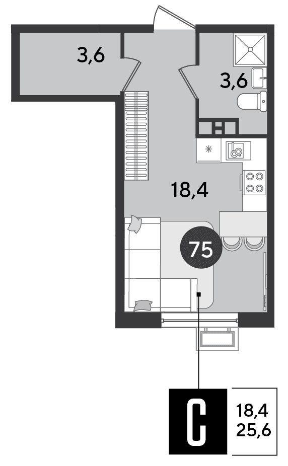 Студия, 25.6 м² · Парк Победы-2