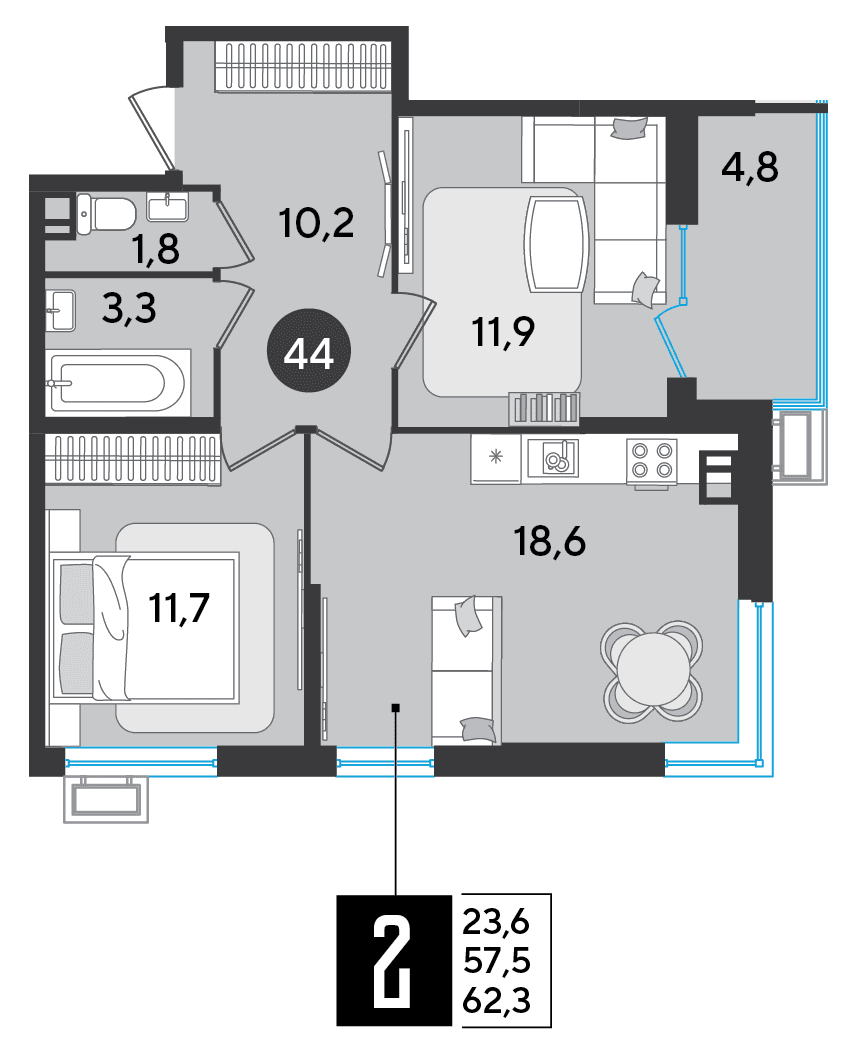 2-к, 62.3 м² · Парк Победы-2
