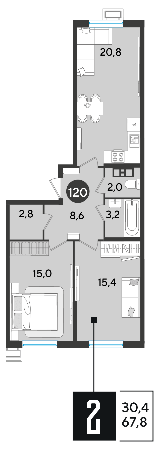 2-к, 67.8 м² · Парк Победы-2