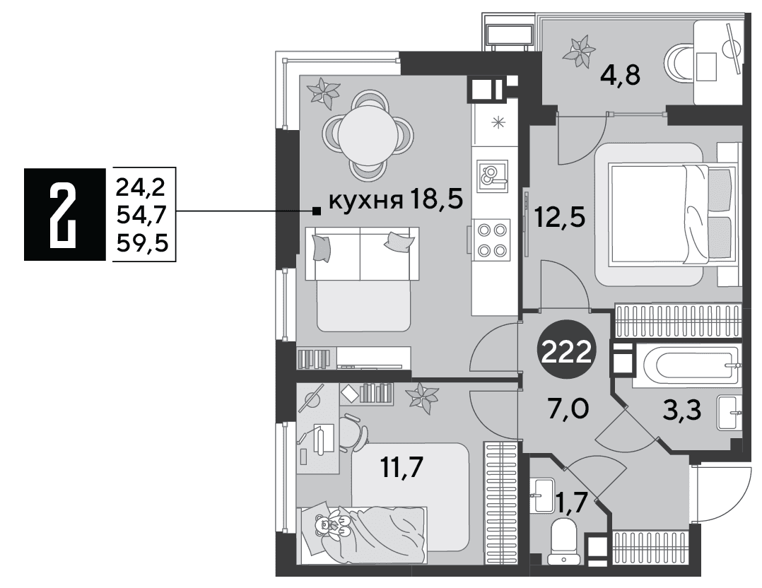 2-к, 59.5 м² · Парк Победы-2