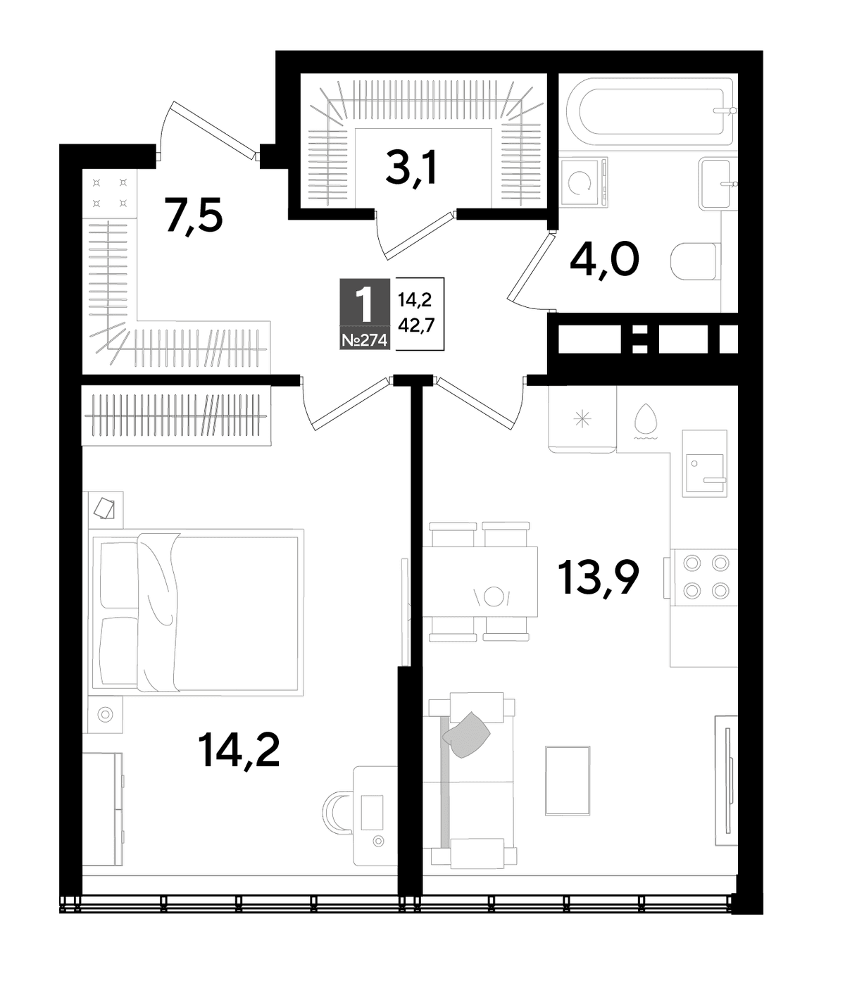 1-к, 42.7 м² · DОГМА ПАРК