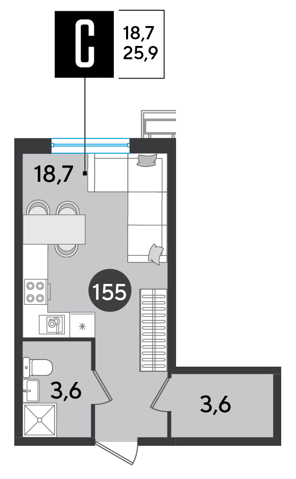 Студия, 25.9 м² · Парк Победы-2