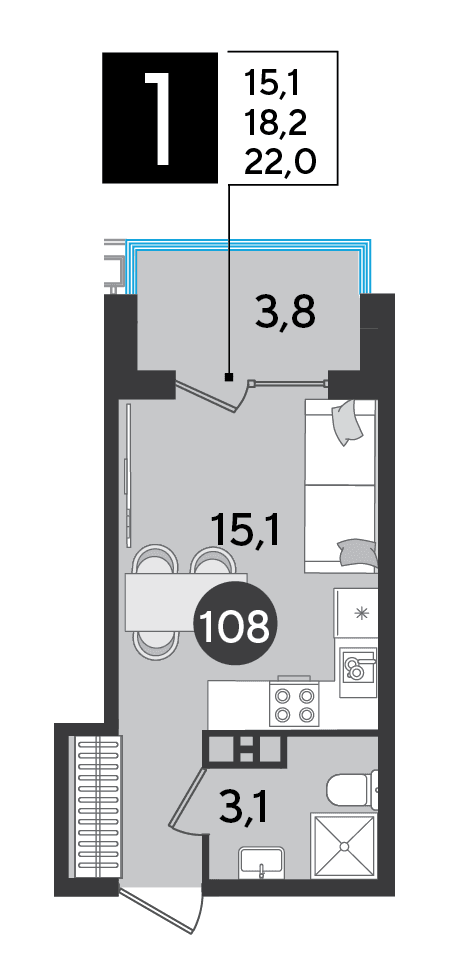 Студия, 22 м² · Парк Победы-2