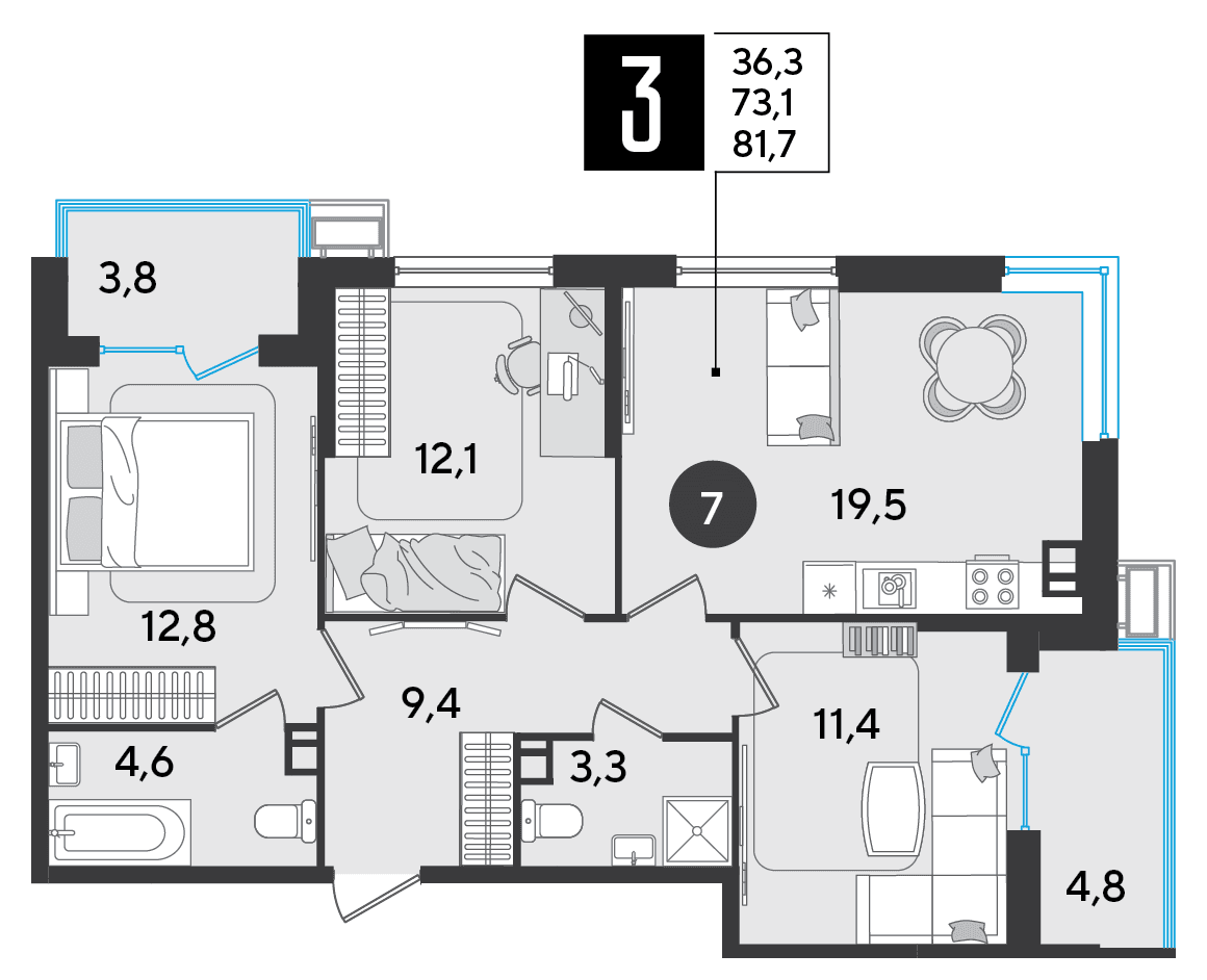 3-к, 81.7 м² · Парк Победы-2