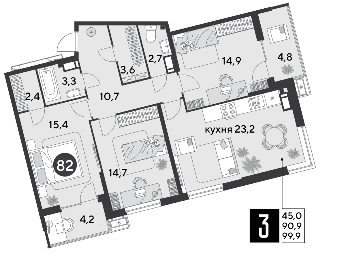 3-к, 99.9 м² · Парк Победы-2