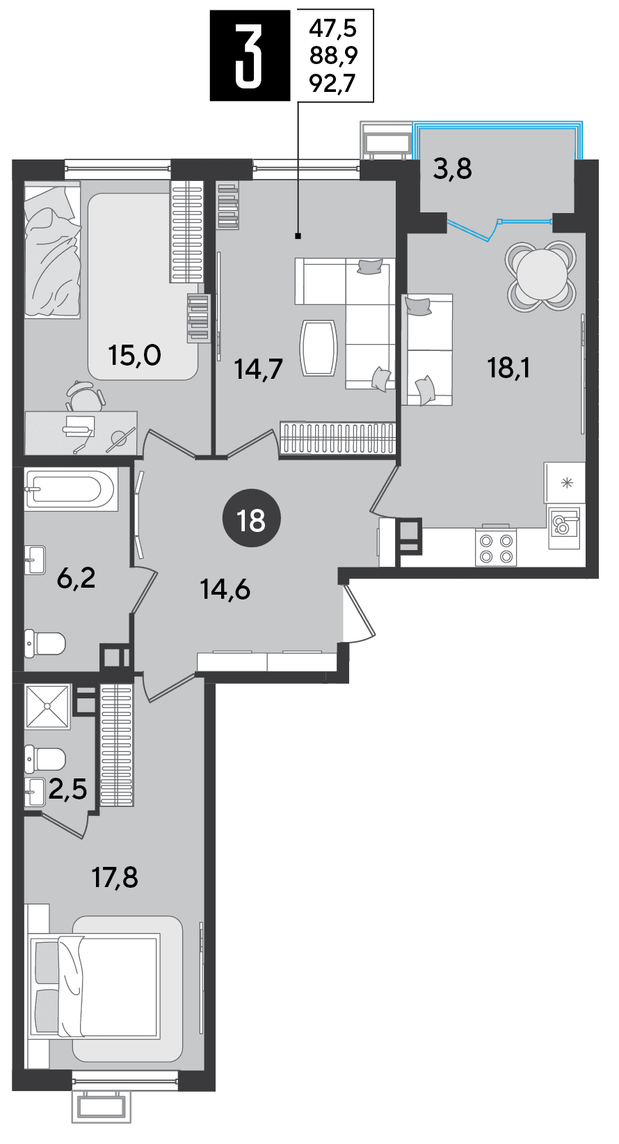 3-к, 92.7 м² · Парк Победы-2