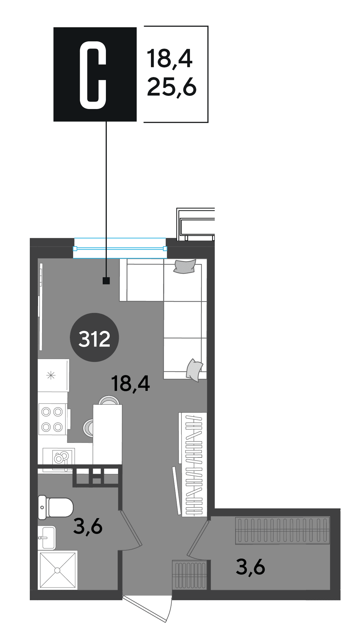 Студия, 25.6 м² · Парк Победы-2