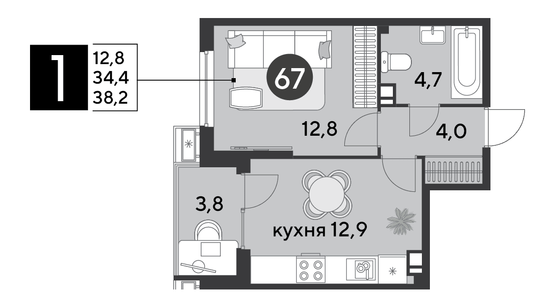 1-к, 38.2 м² · Парк Победы-2