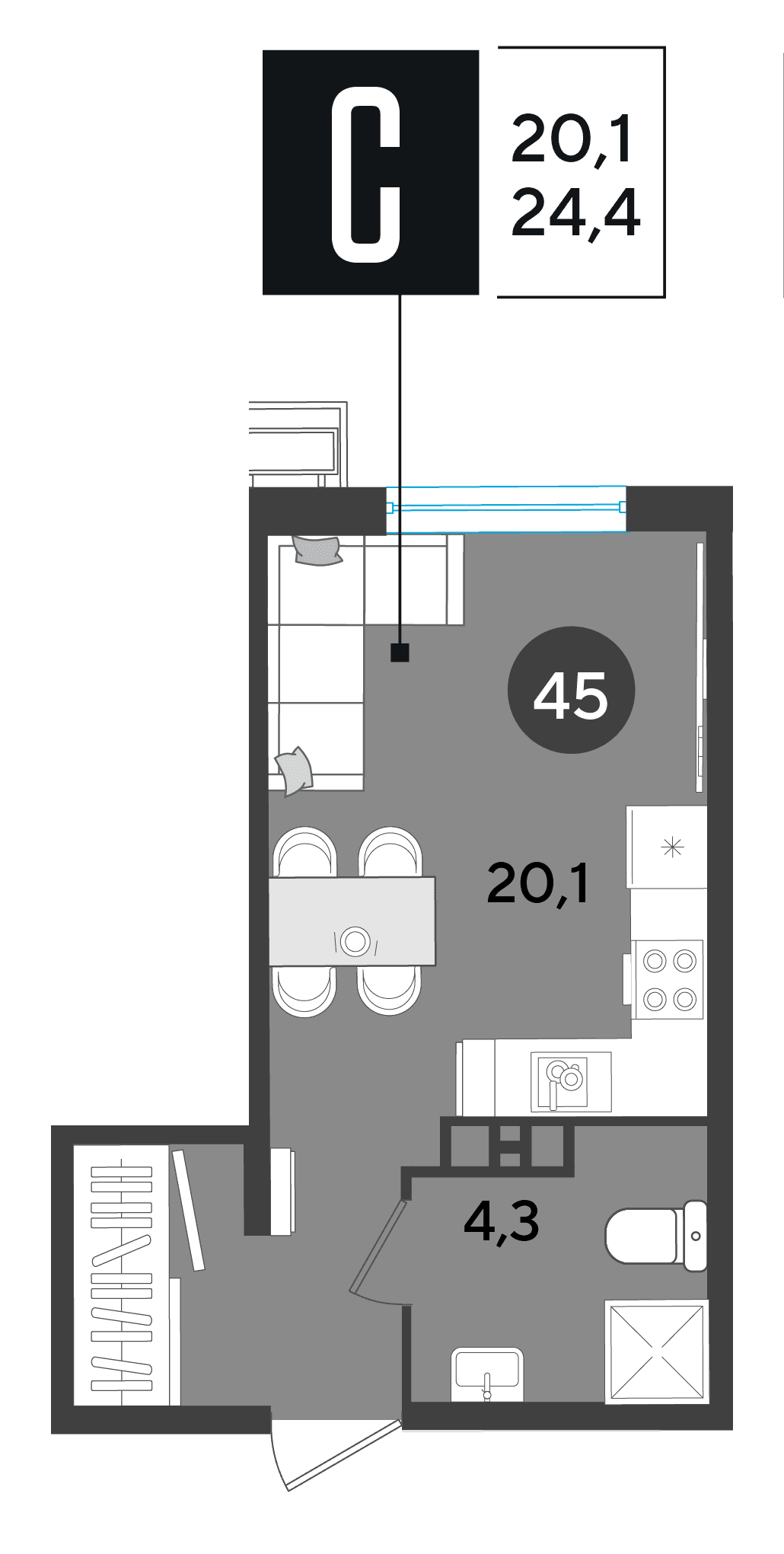 Студия, 24.4 м² · Парк Победы-2