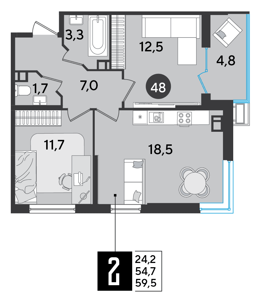 2-к, 59.5 м² · Парк Победы-2