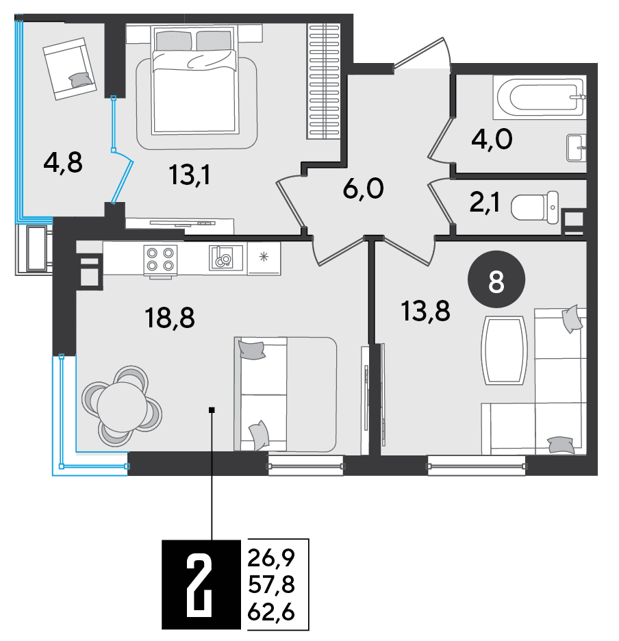 2-к, 62.6 м² · Парк Победы-2