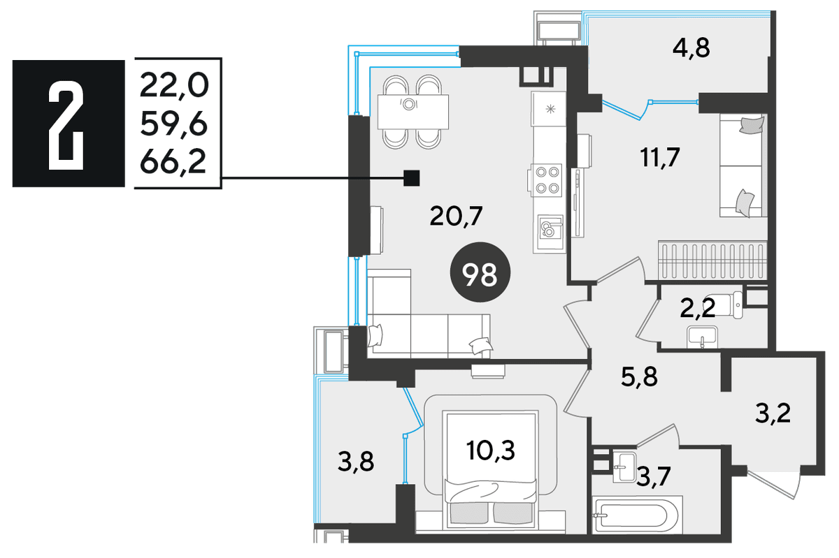 2-к, 66.2 м² · Парк Победы-2