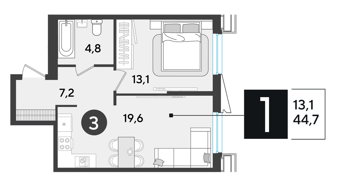 1-к, 43.8 м² · Парк Победы-2