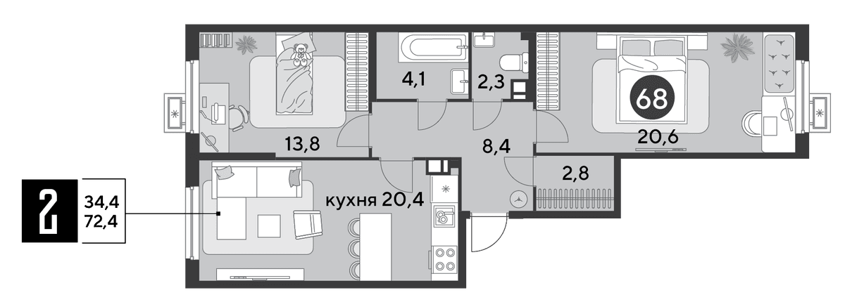 2-к, 72.4 м² · Парк Победы-2
