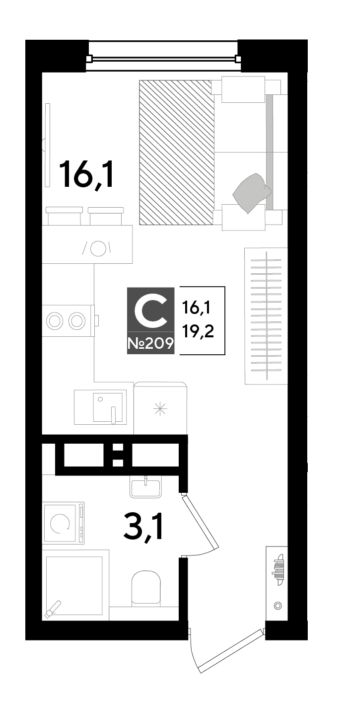 Студия, 19.2 м² · DОГМА ПАРК