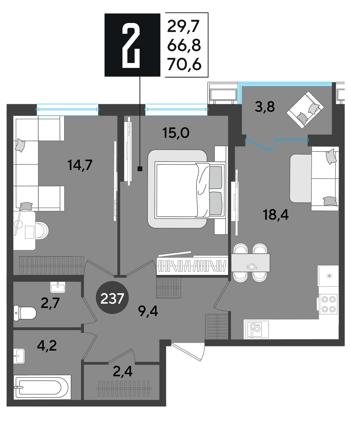 2-к, 70.6 м² · Парк Победы-2