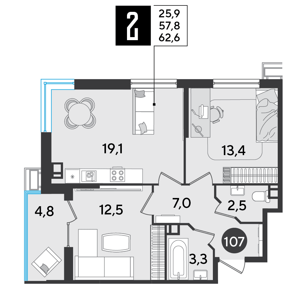 2-к, 62.6 м² · Парк Победы-2