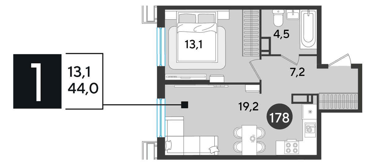 1-к, 44 м² · Парк Победы-2