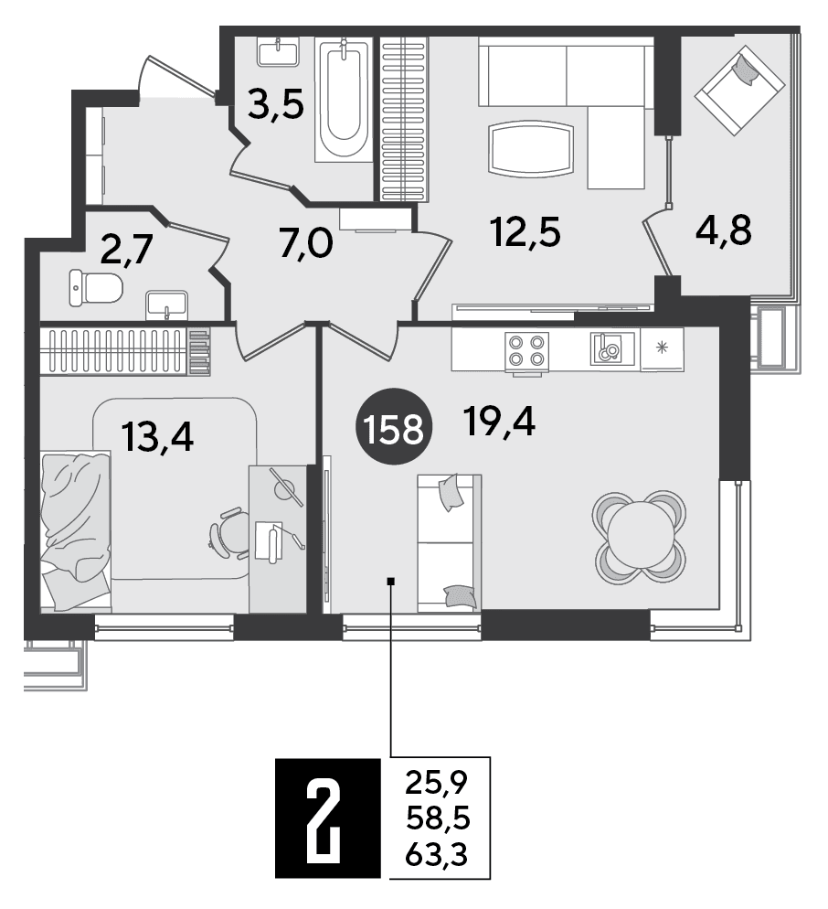 2-к, 63.3 м² · Парк Победы-2