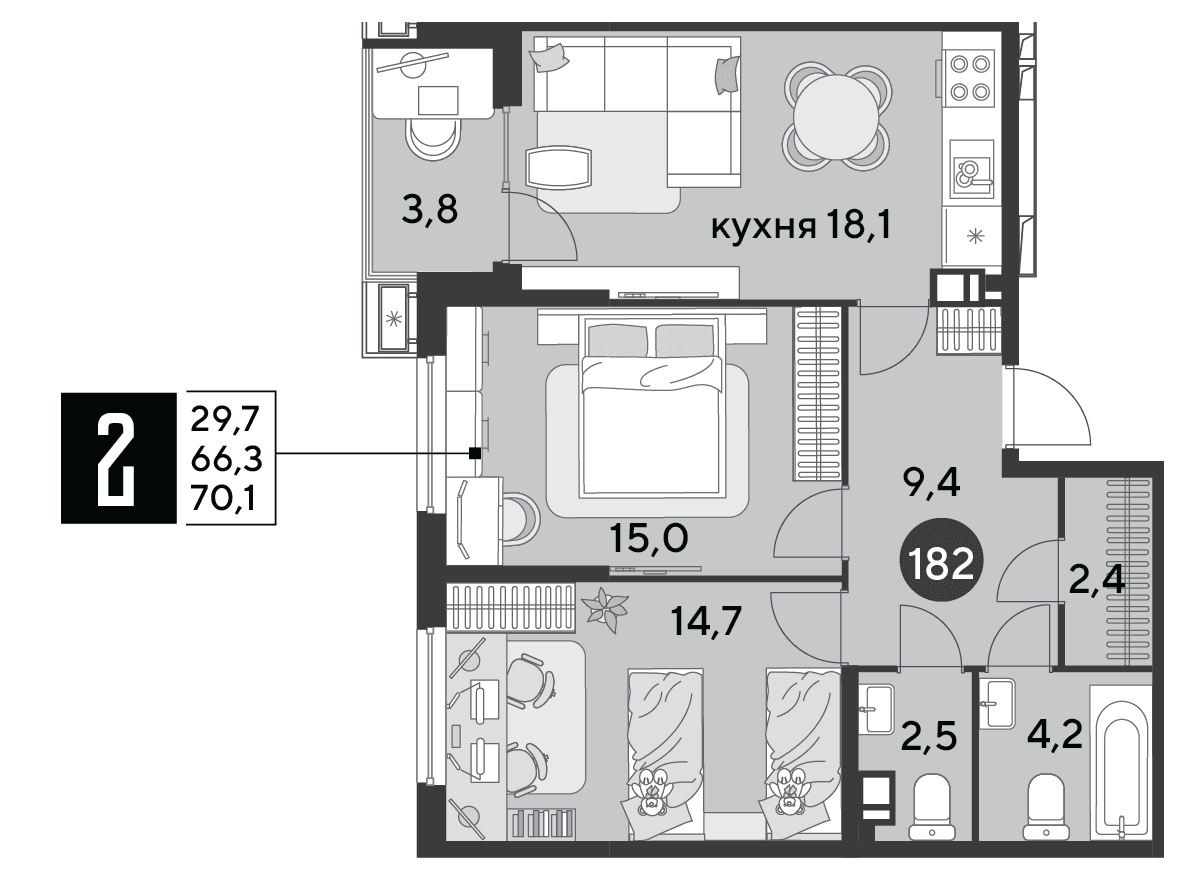 2-к, 70.1 м² · Парк Победы-2