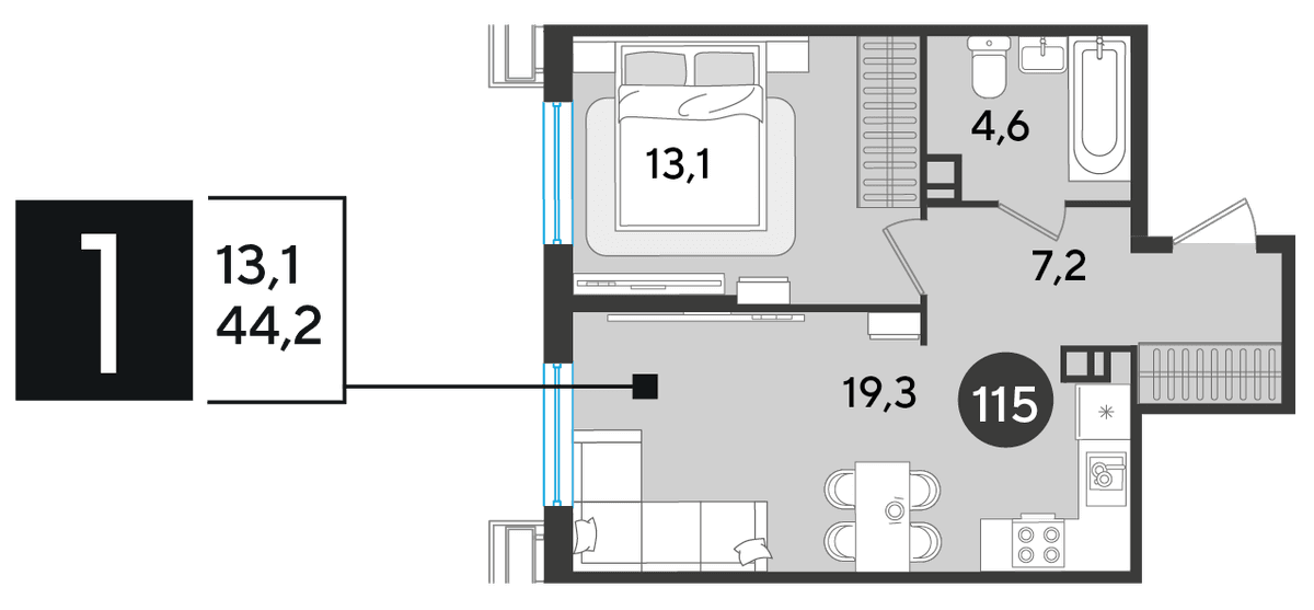 1-к, 44.2 м² · Парк Победы-2