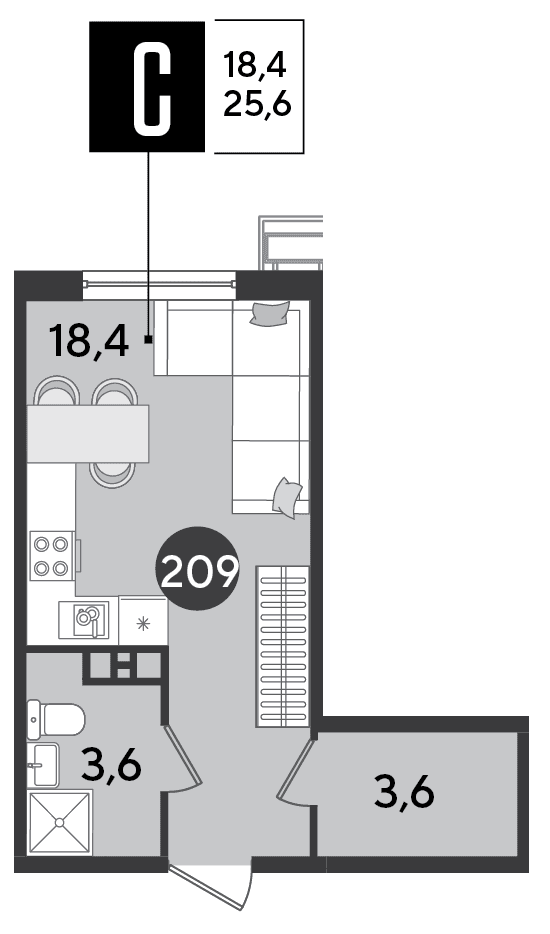 Студия, 25.6 м² · Парк Победы-2
